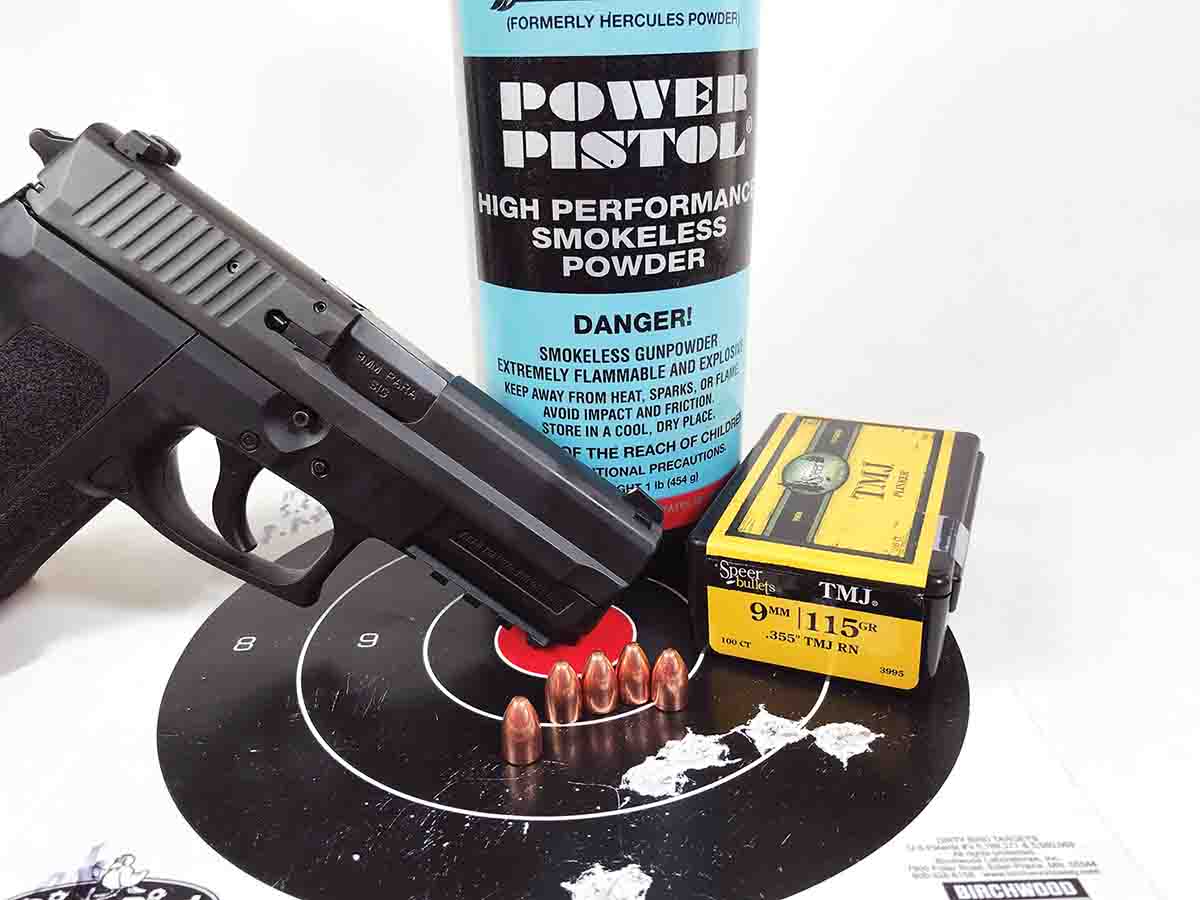Power Pistol powder with Speer 115-grain bullets loaded in Shell Shock cases provided this group at 25 yards fired from a SIG Sauer SP2022 9mm Luger.